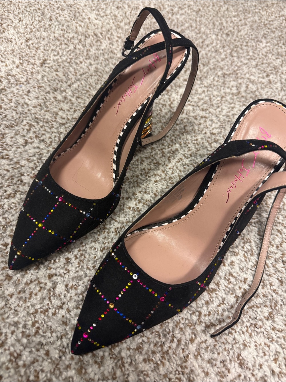 Betsey Johnson Black Pointed Toe Slingback Heels with Multicolor Crystal Grid